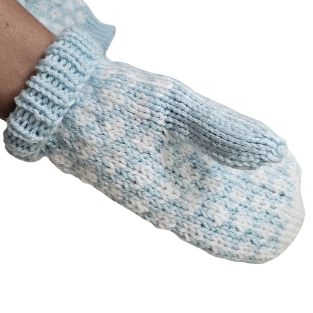 Handmade Blue & White Crochet Mittens with Heart Pattern –Winter Gift Kid's size